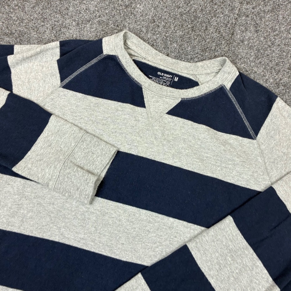 Old Navy Mens Size Medium Striped Raglan Sweatshirt Navy Gray Cotton Pullover